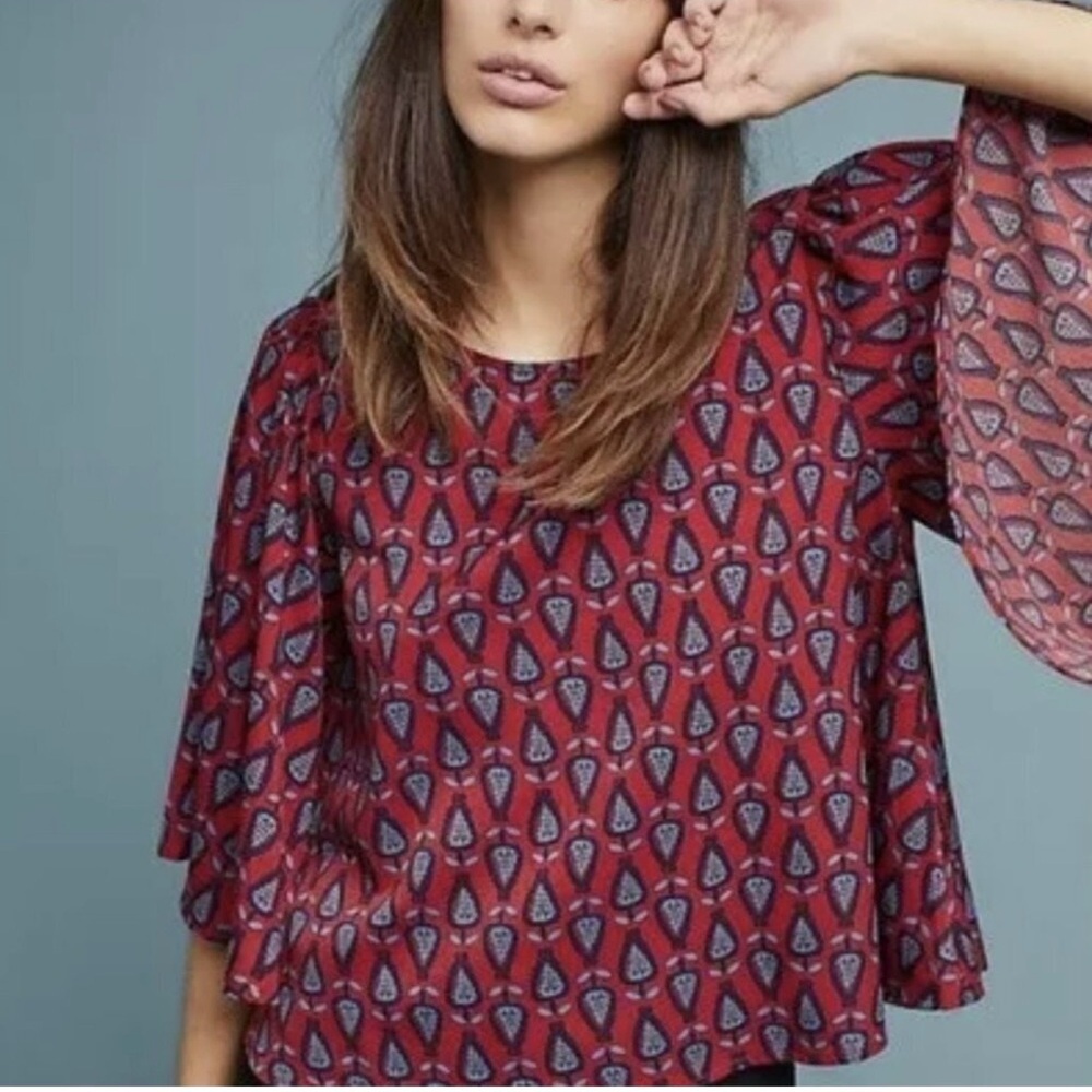 Anthropologie Isla Maude Red Blue Printed Short Sleeve Blouse NWT Size L